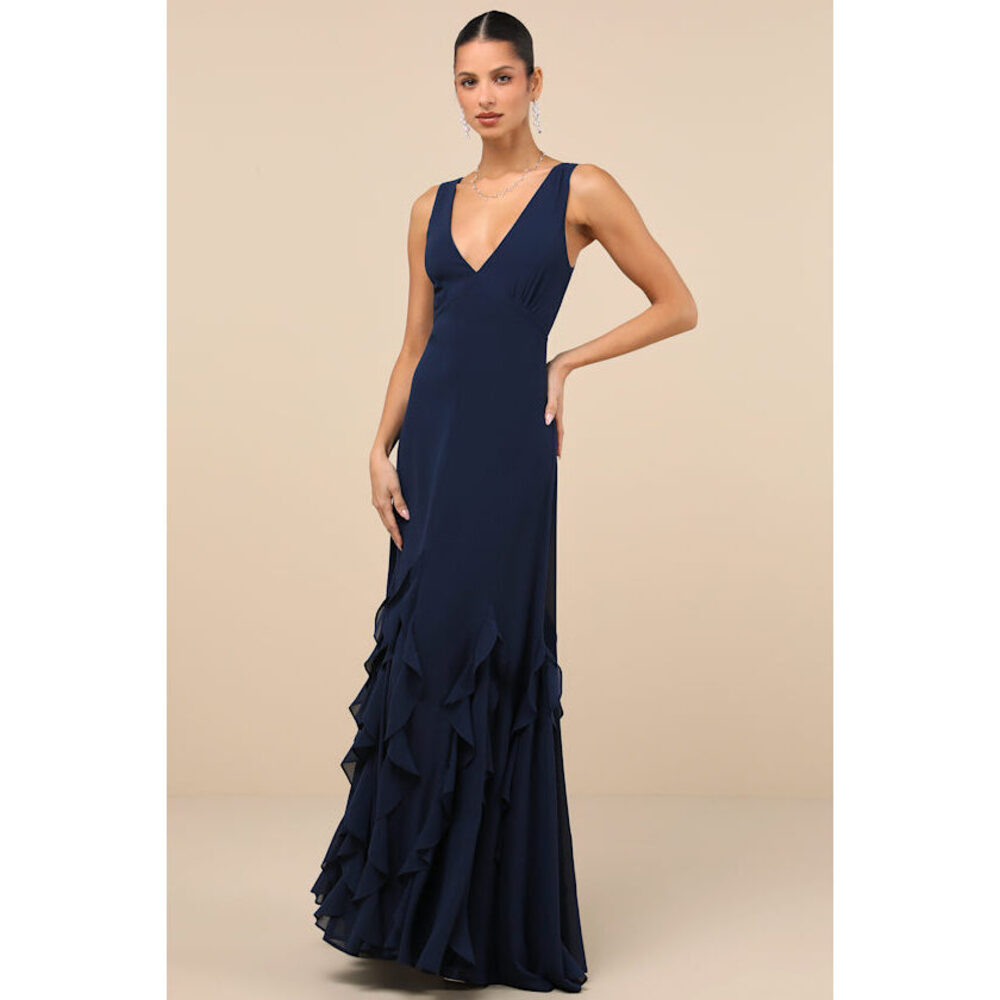 Lulus Alorna Dark Navy Sleeveless Ruffled Maxi Dress Blue - Size M